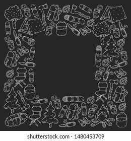 Camping doodle set. Vector sketch illustration.