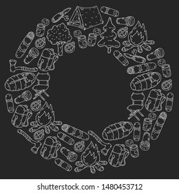 Camping doodle set. Vector sketch illustration.