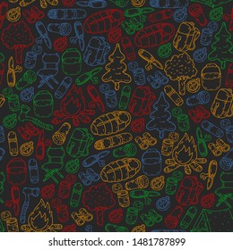Camping doodle set. Vector sketch illustration. seamless