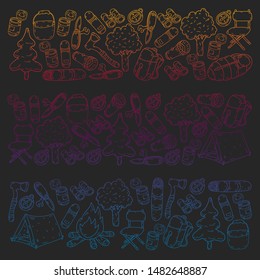 Camping doodle set. Vector sketch illustration.