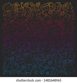 Camping doodle set. Vector sketch illustration.