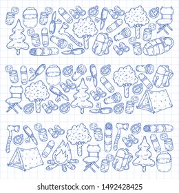 Camping doodle set. Vector sketch illustration.