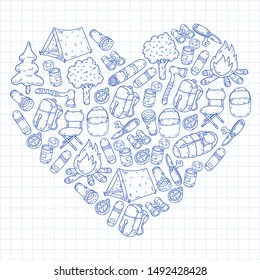 Camping doodle set. Vector sketch illustration.