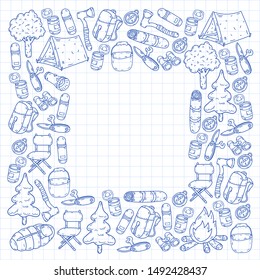 Camping doodle set. Vector sketch illustration.