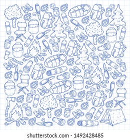 Camping doodle set. Vector sketch illustration.
