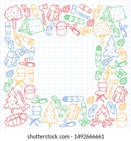 Camping doodle set. Vector sketch illustration.