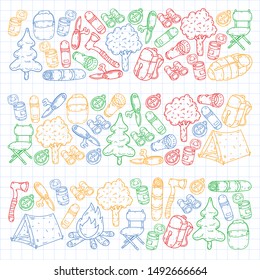 Camping doodle set. Vector sketch illustration.
