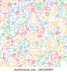 Camping doodle set. Vector sketch illustration. seamless
