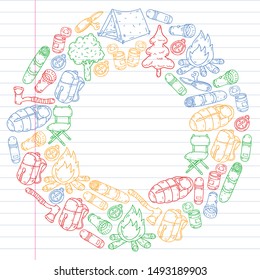 Camping doodle set. Vector sketch illustration.