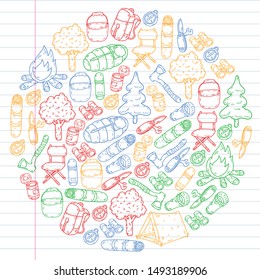 Camping doodle set. Vector sketch illustration.