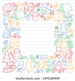 Camping doodle set. Vector sketch illustration.