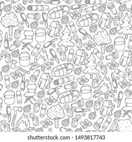 Camping doodle set. Vector sketch illustration. seamless