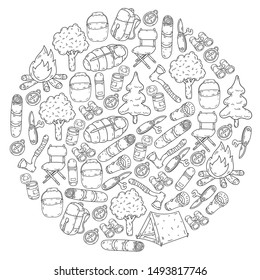 Camping doodle set. Vector sketch illustration.