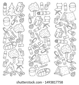 Camping doodle set. Vector sketch illustration.