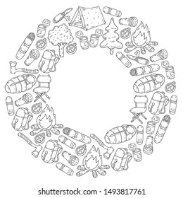 Camping doodle set. Vector sketch illustration.
