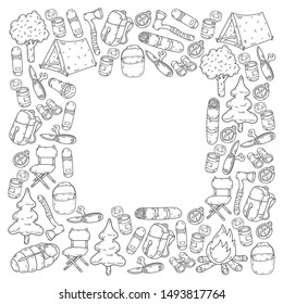 Camping doodle set. Vector sketch illustration.