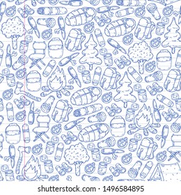 Camping doodle set. Vector sketch illustration. seamless