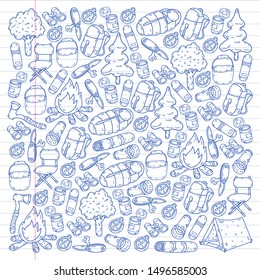 Camping doodle set. Vector sketch illustration.