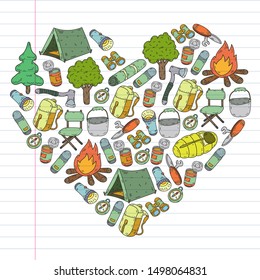 Camping doodle set. Vector sketch illustration.