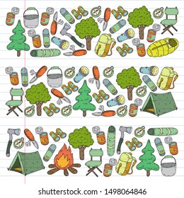 Camping doodle set. Vector sketch illustration.