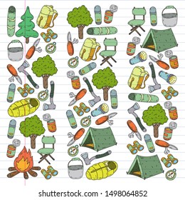 Camping doodle set. Vector sketch illustration.