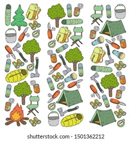 Camping doodle set. Vector sketch illustration.