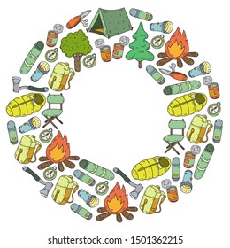 Camping doodle set. Vector sketch illustration.