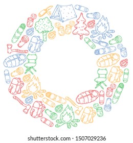 Camping doodle set. Vector sketch illustration.