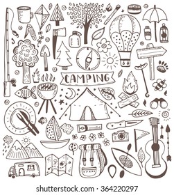 Camping Doodle Set. Vector Sketch Illustration. Travel Items.