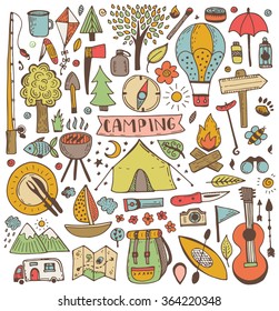 Camping doodle set. Vector sketch illustration. Travel items.