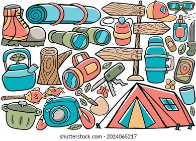 Camping Doodle Vector in Cartoon Style