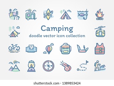 Camping doodle vector icon collection