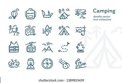 Camping doodle vector icon collection