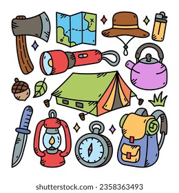 Ilustración de vectores de Doodle de camping, fondo blanco