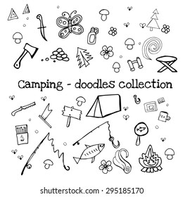 Camping - doodles collection.Big doodle set - Travel, camping
