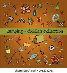 Camping - doodles collection.Big doodle set - Travel, camping