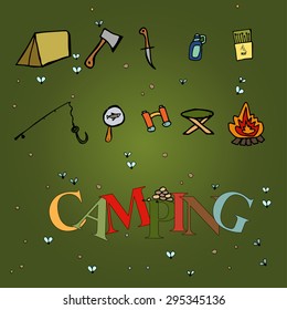 Camping - doodles collection.Big doodle set - Travel, camping