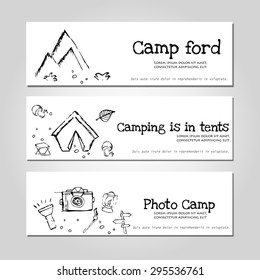 Camping - doodles collection.Big doodle set - Travel, camping Vector banner templates set with doodles camping theme 