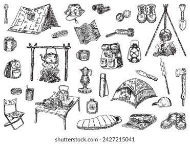 Camping doodles collection. Sketches set of outdoor adventure, hiking equipment, journey supply. Vector illustration isolated on white.