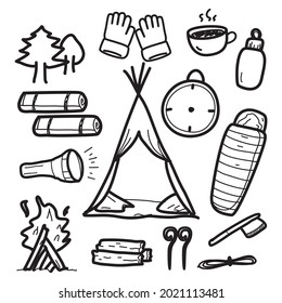 Camping Doodles collection vector set illustration isolated on white background.