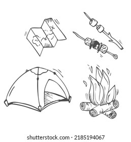 Camping Doodles collection vector set illustration isolated on white background.