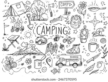 Camping doodles, hand drawn vector elements