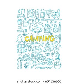 Camping Doodles. Hiking, mountain climbing, tourism. Hand drawn elements. Summer vacation. Vector Illustration.