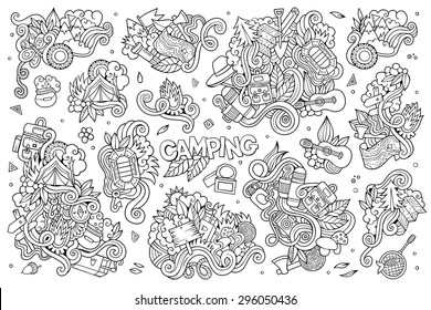 Camping doodles nature hand drawn sketchy vector symbols and objects