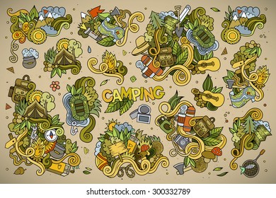 Camping doodles nature hand drawn vector symbols and objects