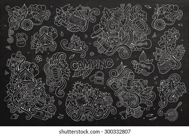 Camping doodles nature hand drawn vector symbols and objects. Chalkboard background