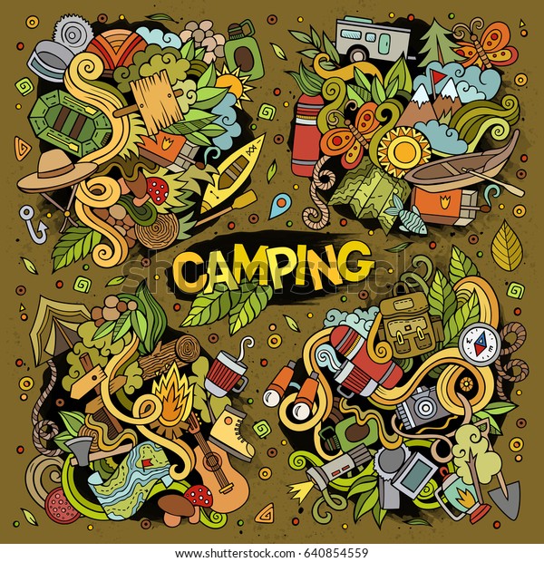 Camping doodles nature hand drawn vector symbols\
and objects