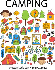 Camping doodles sketch collection set, illustration vector, camping pattern background, children, fish, tent, ball, backpack, pencil, kite, apple, art, map, ladybug