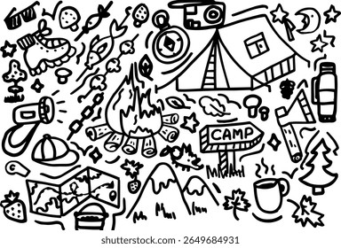 Camping doodles with tent, campfire, and outdoor adventure elements  