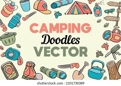 camping doodles vector background in cartoon style